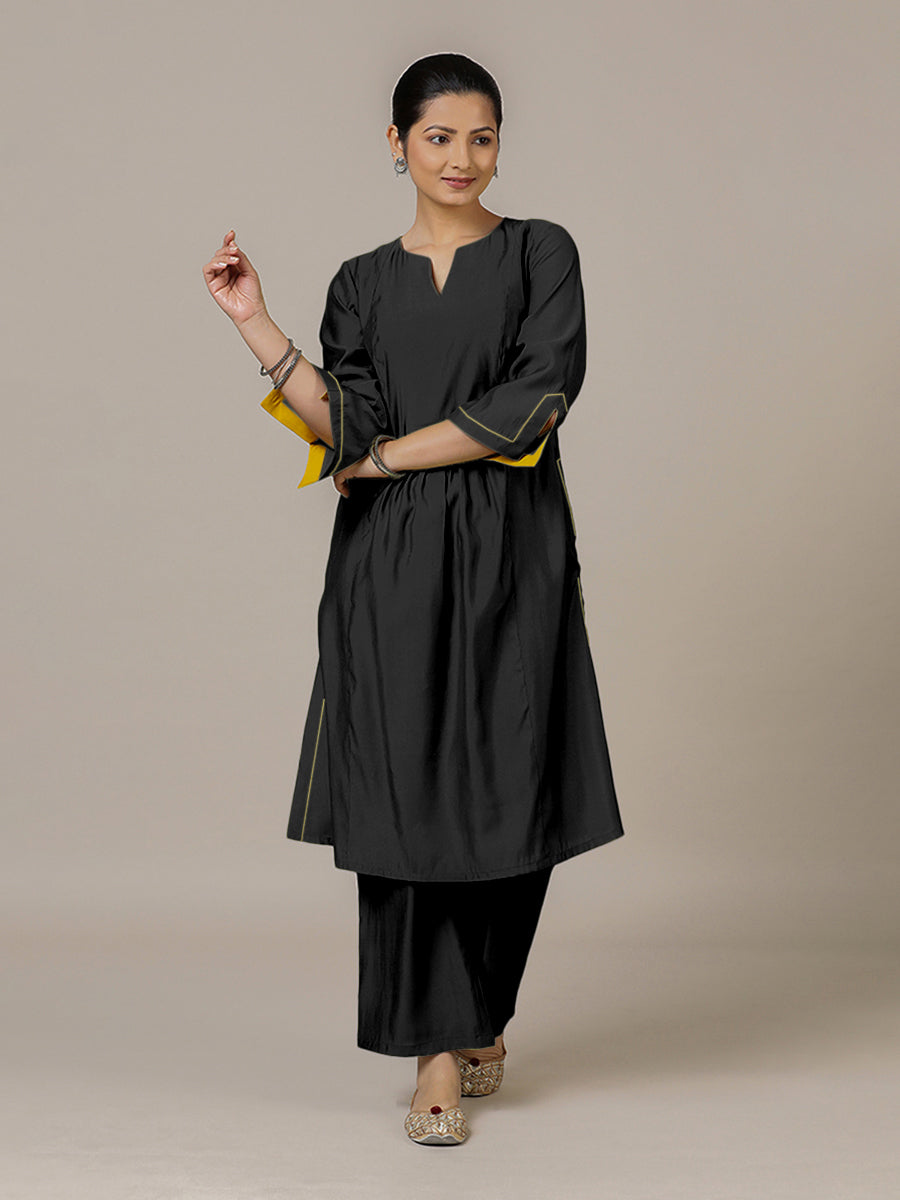 Nimrat x Rozaana | A Line Kurta in Raven Black with Thread Work | Coords or Only Kurta