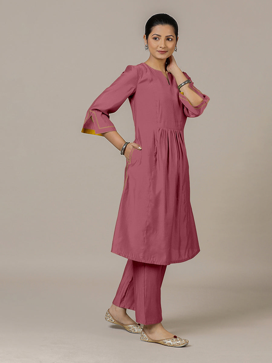 Nimrat x Rozaana Kurta, in Pink Viscose, featuring three quarter sleeves and round neck with splitline.