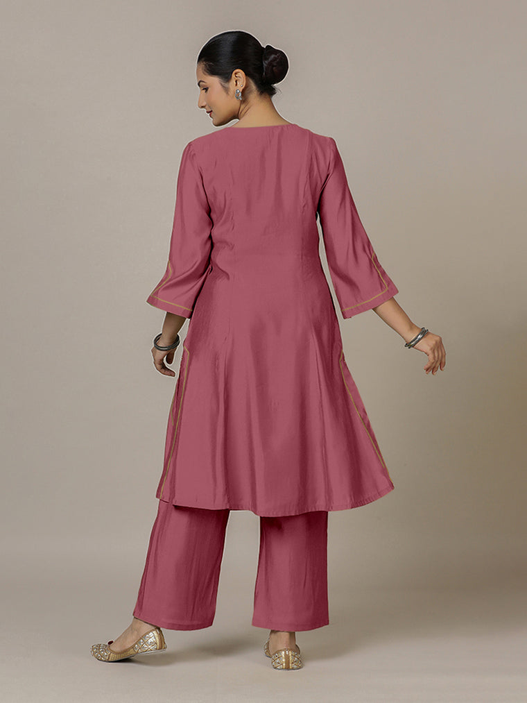 Nimrat x Rozaana Kurta, in Pink Viscose, featuring three quarter sleeves and round neck with splitline (view 2).