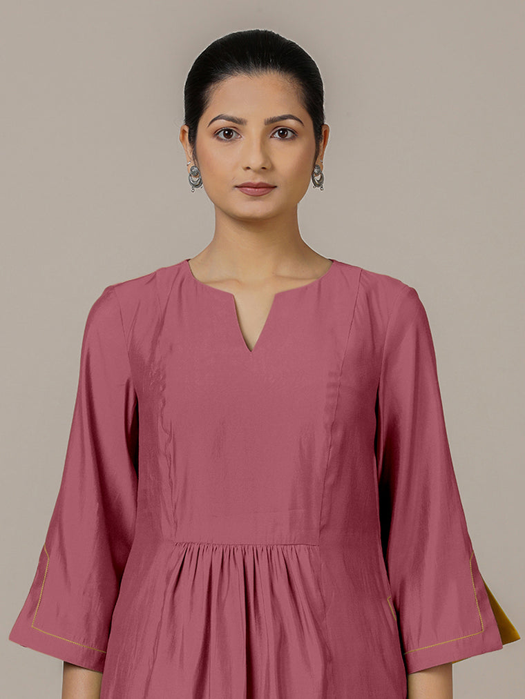 Nimrat x Rozaana Kurta, in Pink Viscose, featuring three quarter sleeves and round neck with splitline (view 3).