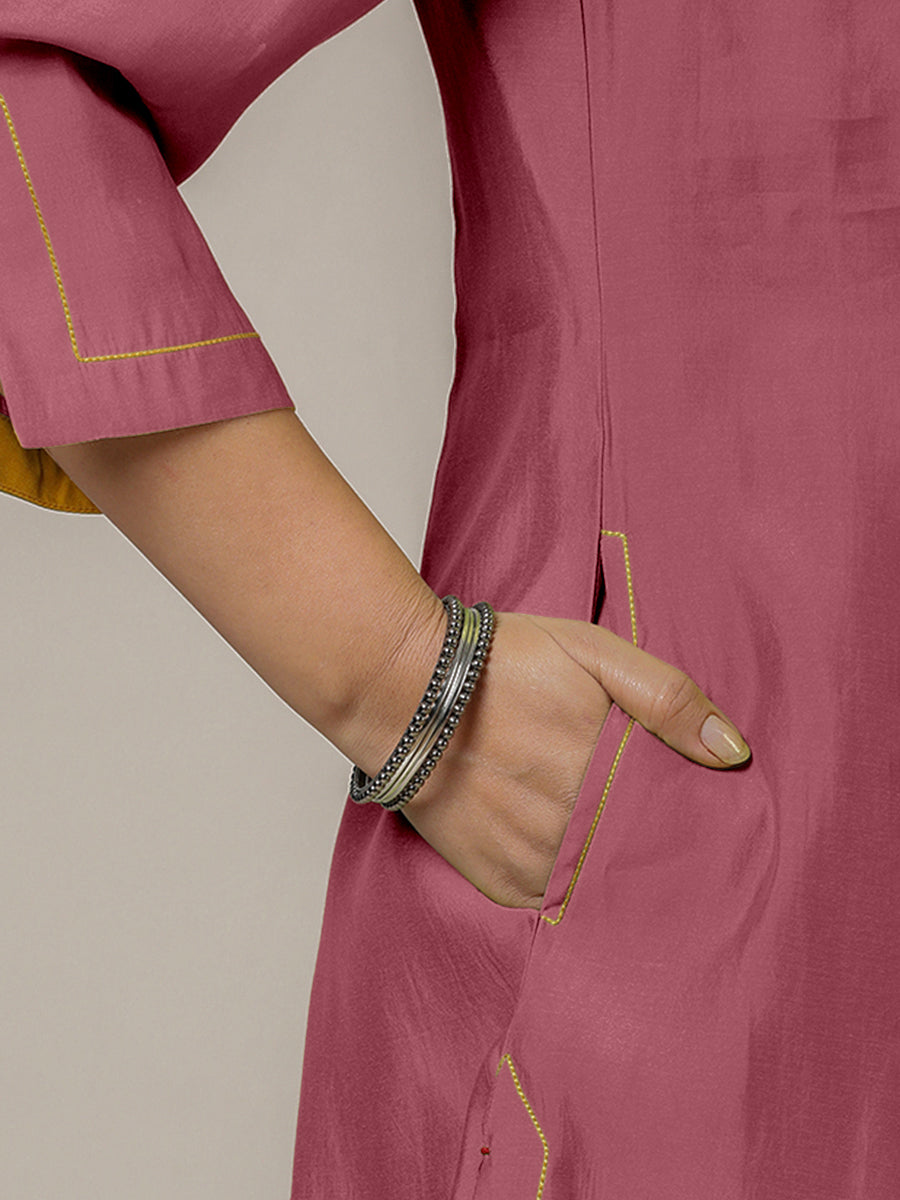 Nimrat x Rozaana Kurta, in Pink Viscose, featuring three quarter sleeves and round neck with splitline (view 4).
