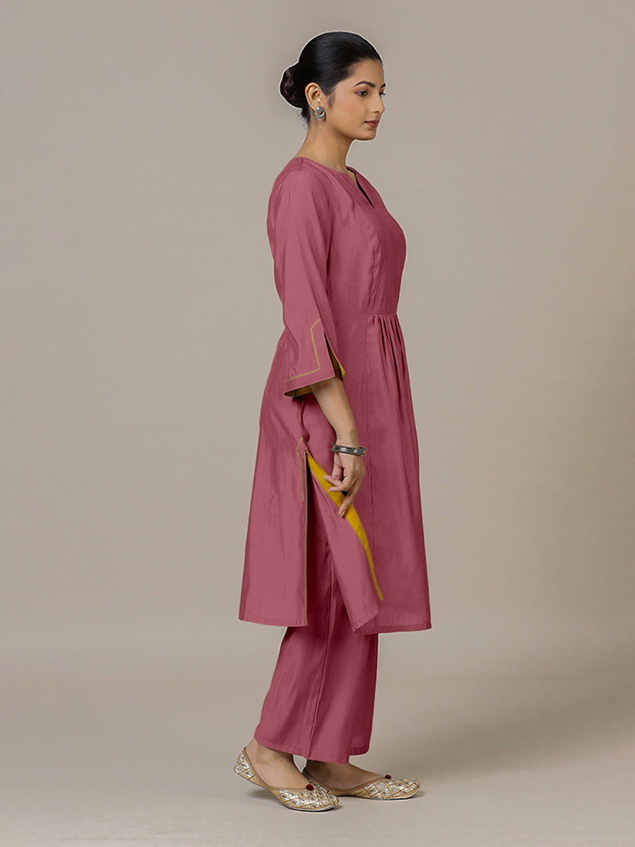 Nimrat x Rozaana Kurta, in Pink Viscose, featuring three quarter sleeves and round neck with splitline (view 5).