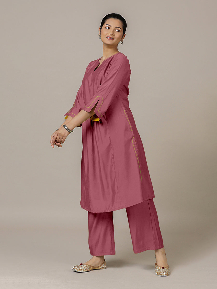 Nimrat x Rozaana Kurta, in Pink Viscose, featuring three quarter sleeves and round neck with splitline (view 7).