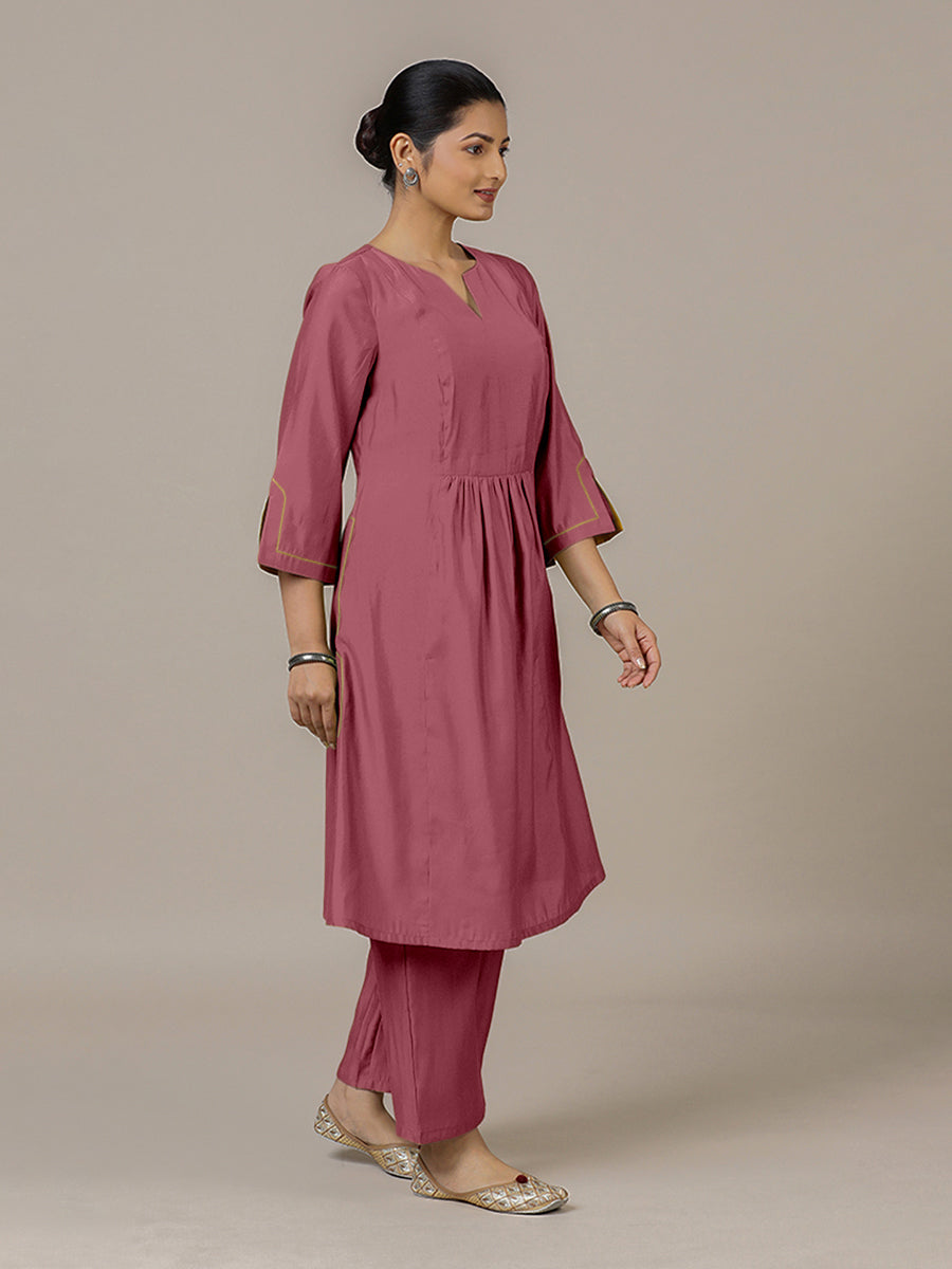 Nimrat x Rozaana Kurta, in Pink Viscose, featuring three quarter sleeves and round neck with splitline (view 8).