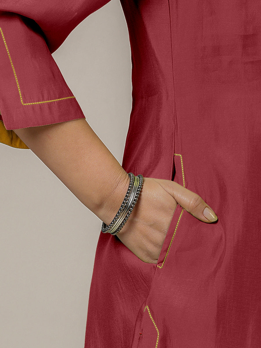 Nimrat x Rozaana Kurta, in Red Viscose, featuring three quarter sleeves and round neck with splitline, made for daily & work.