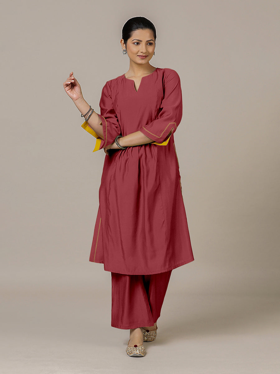 Nimrat x Rozaana Kurta, in Red Viscose, featuring three quarter sleeves and round neck with splitline, made for daily & work.