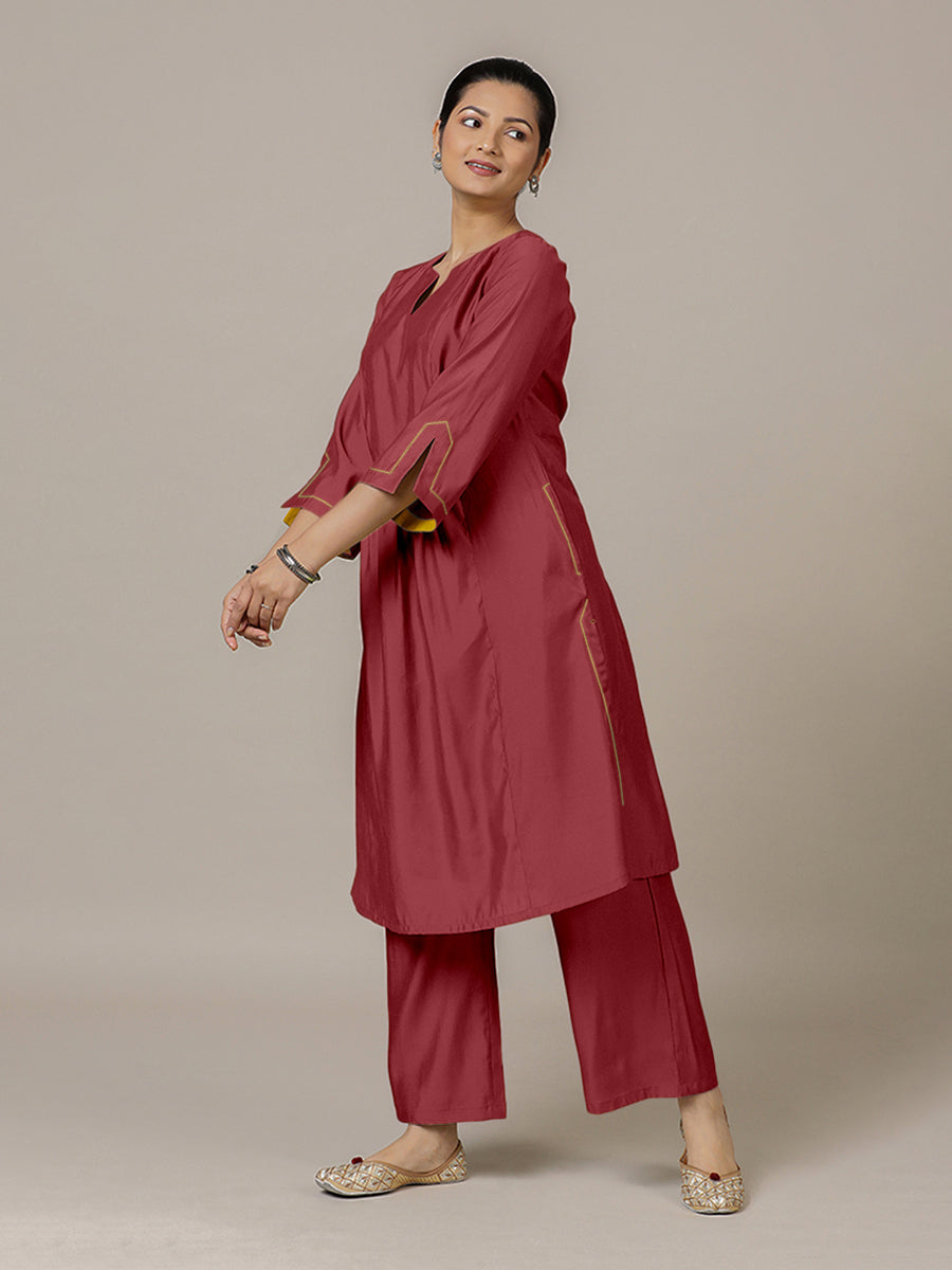 Nimrat x Rozaana Kurta, in Red Viscose, featuring three quarter sleeves and round neck with splitline, made for daily & work.