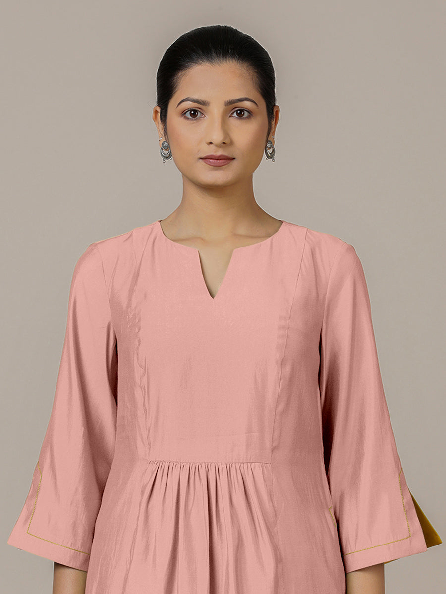 Nimrat x Rozaana Kurta, in Pink Viscose, featuring three quarter sleeves and round neck with splitline (view 3).