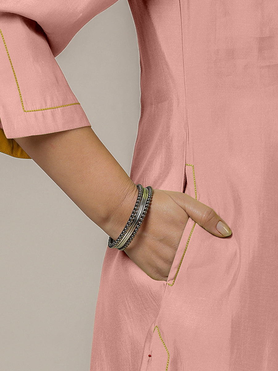 Nimrat x Rozaana Kurta, in Pink Viscose, featuring three quarter sleeves and round neck with splitline (view 4).