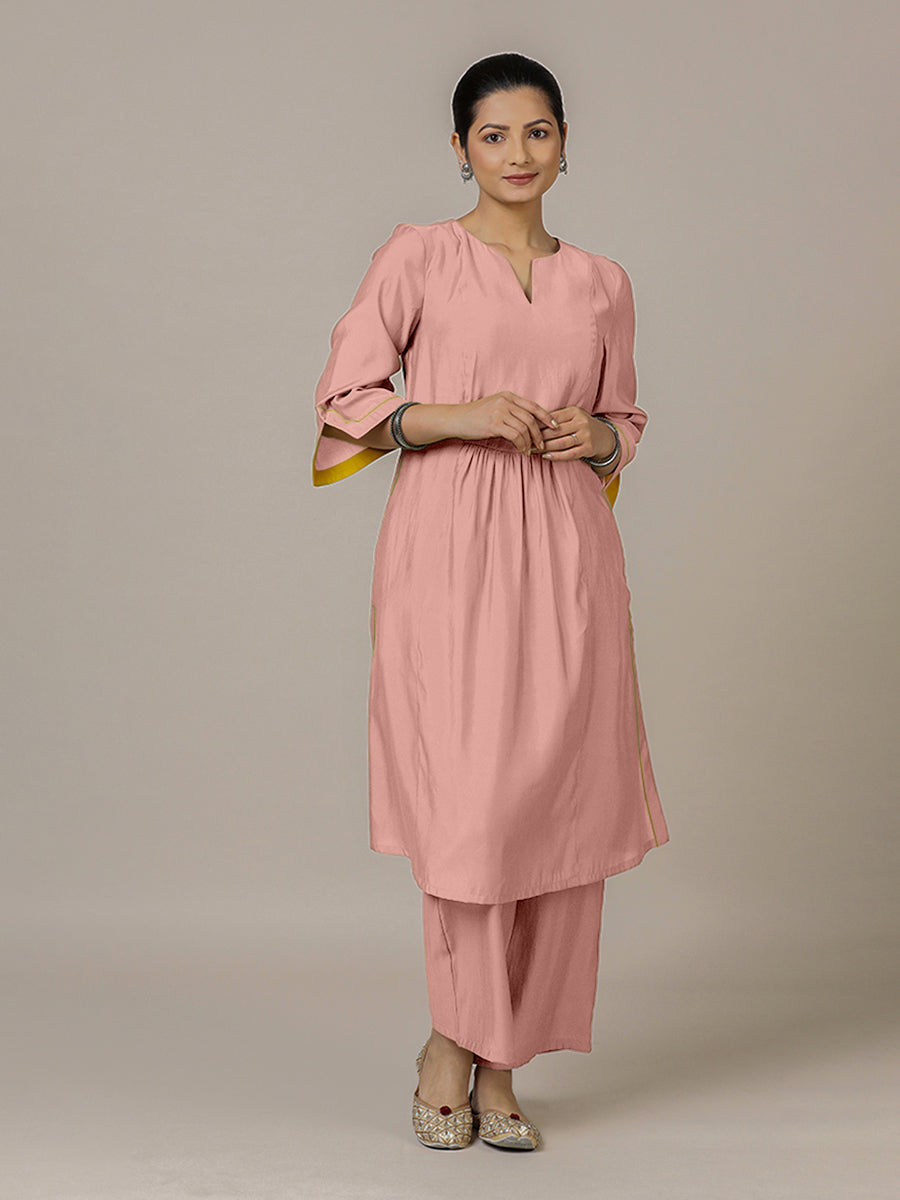 Nimrat x Rozaana Kurta, in Pink Viscose, featuring three quarter sleeves and round neck with splitline (view 7).