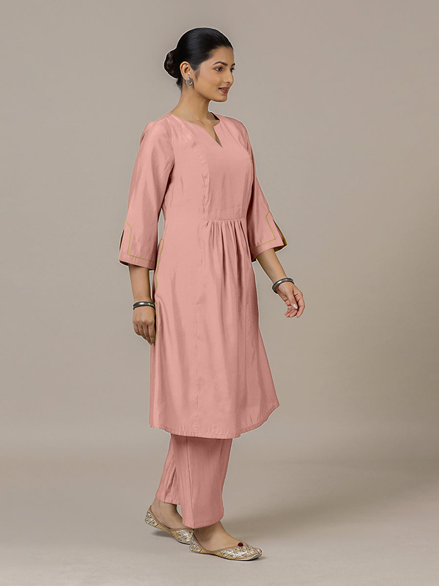 Nimrat x Rozaana Kurta, in Pink Viscose, featuring three quarter sleeves and round neck with splitline (view 8).