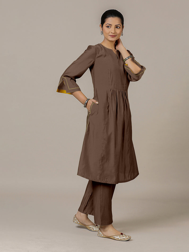 Nimrat x Rozaana | A Line Kurta in Walnut Brown with Thread Work | Coords or Only Kurta-Binks