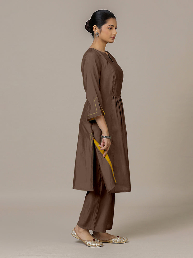 Nimrat x Rozaana | A Line Kurta in Walnut Brown with Thread Work | Coords or Only Kurta-Binks