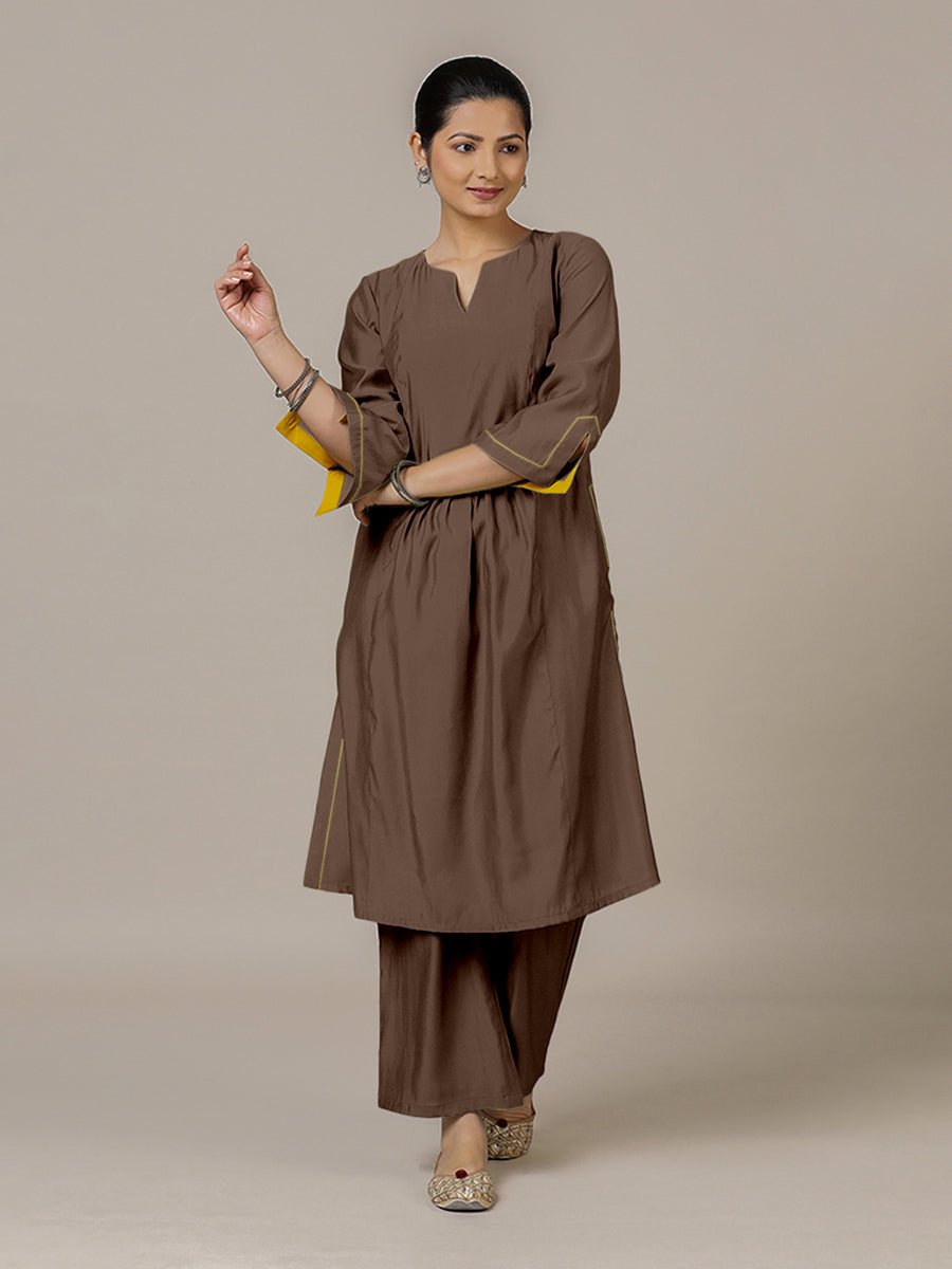 Nimrat x Rozaana Kurta, in Brown Viscose, featuring three quarter sleeves and round neck with splitline (view 6).