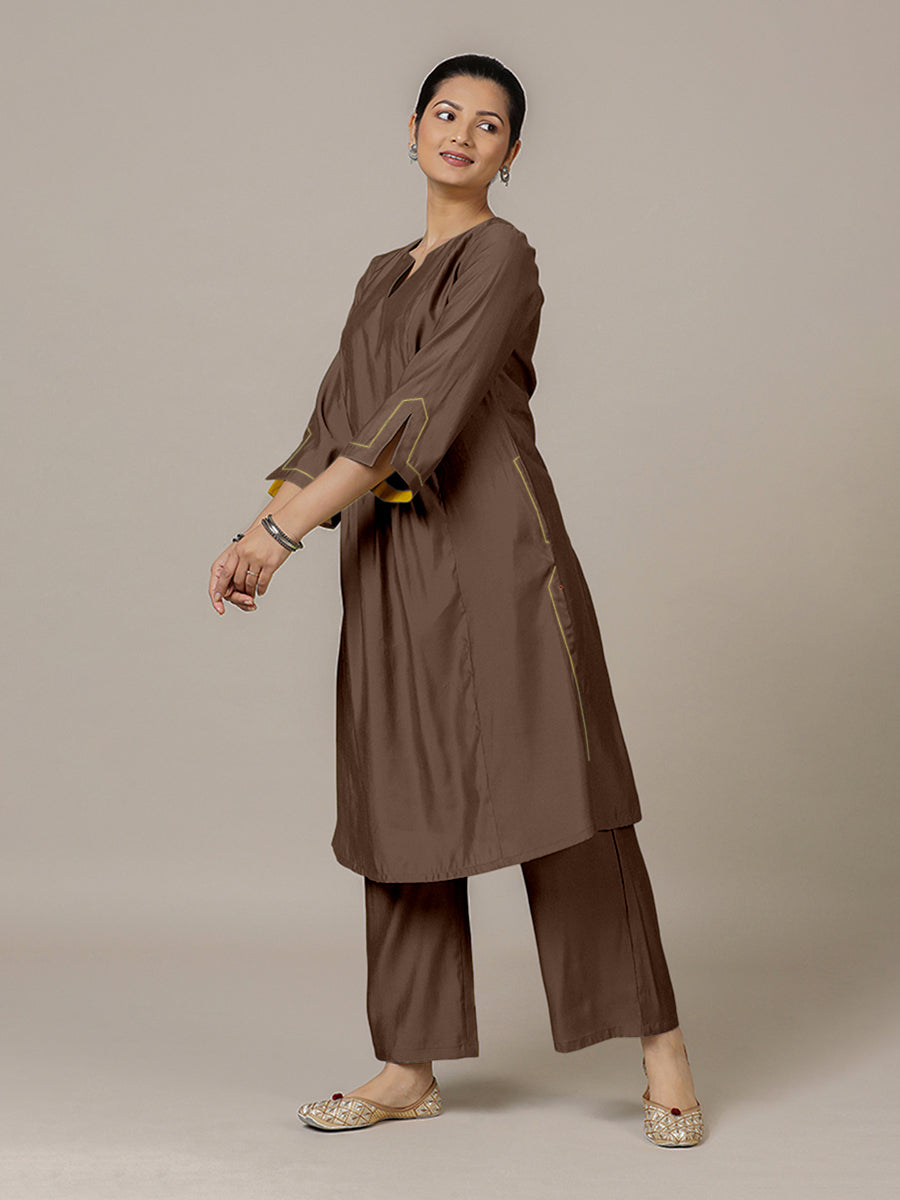 Nimrat x Rozaana Kurta, in Brown Viscose, featuring three quarter sleeves and round neck with splitline (view 8).