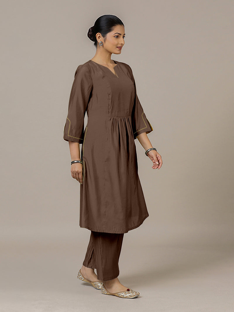 Nimrat x Rozaana | A Line Kurta in Walnut Brown with Thread Work | Coords or Only Kurta-Binks
