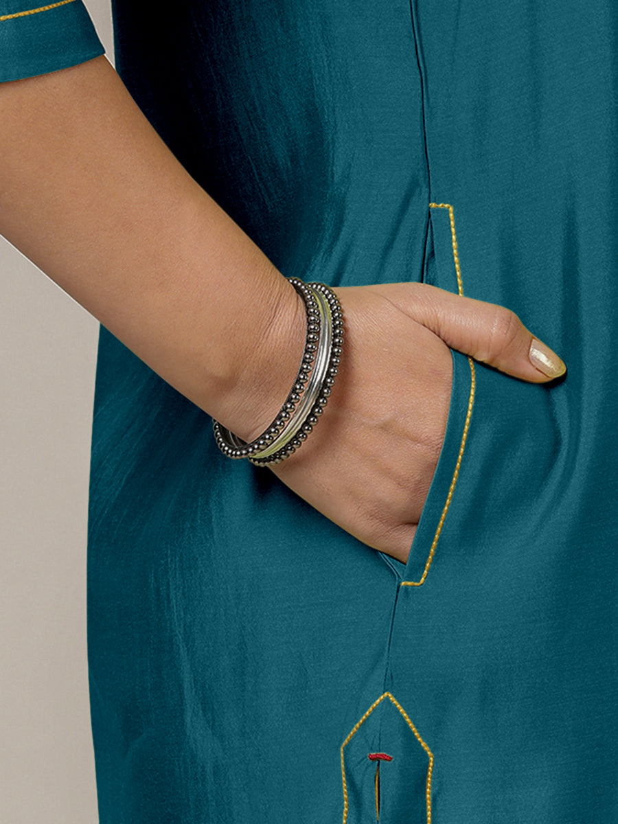 Paakhi x Rozaana Kurta, in Blue Viscose, featuring three quarter sleeves and round neck with splitline (view 5).