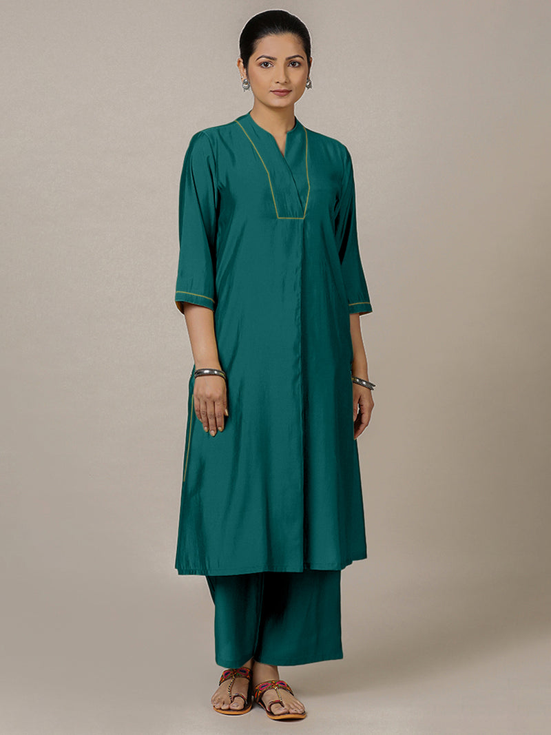 Paakhi x Rozaana | A Line Kurta in Peacock Green with Thread Work | Coords or Only Kurta-Binks