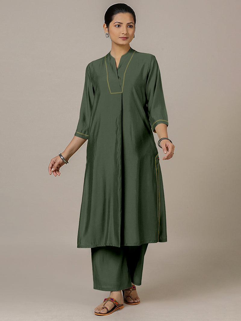 Paakhi x Rozaana | A Line Kurta in Pine Green with Thread Work | Coords or Only Kurta-Binks