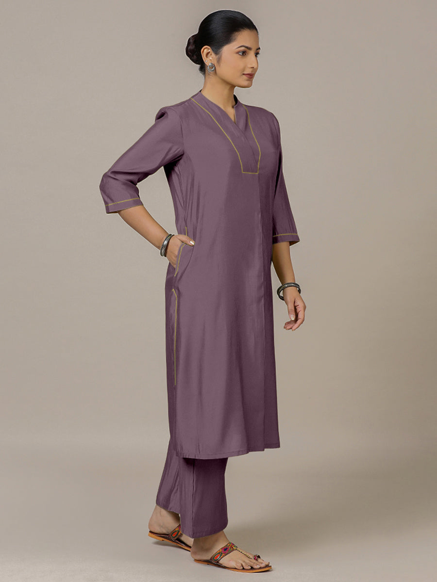 Paakhi x Rozaana Kurta, in Purple Viscose, featuring three quarter sleeves and round neck with splitline.