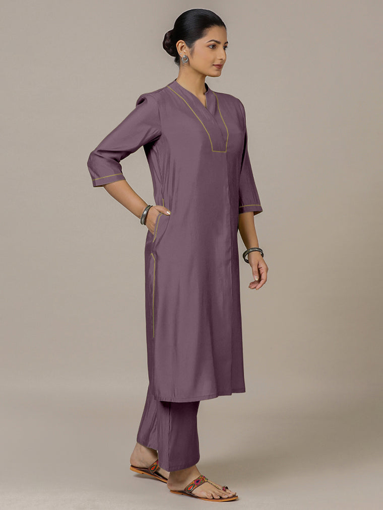 Paakhi x Rozaana Kurta, in Purple Viscose, featuring three quarter sleeves and round neck with splitline.