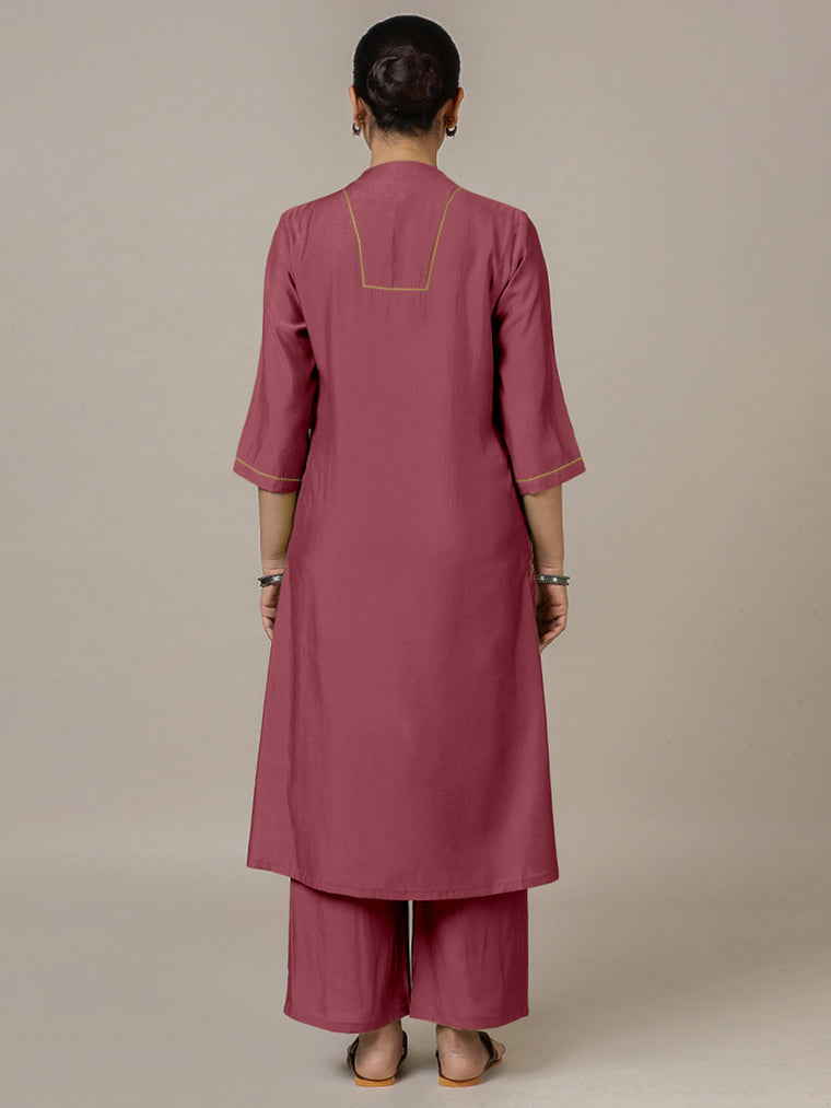 Paakhi x Rozaana Kurta, in Pink Viscose, featuring three quarter sleeves and round neck with splitline (view 2).