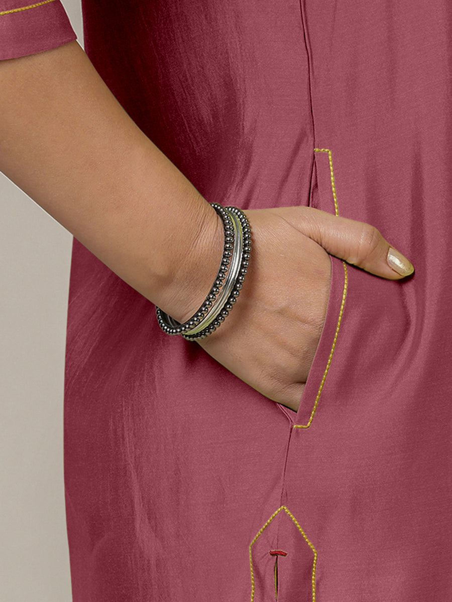 Paakhi x Rozaana Kurta, in Pink Viscose, featuring three quarter sleeves and round neck with splitline (view 5).