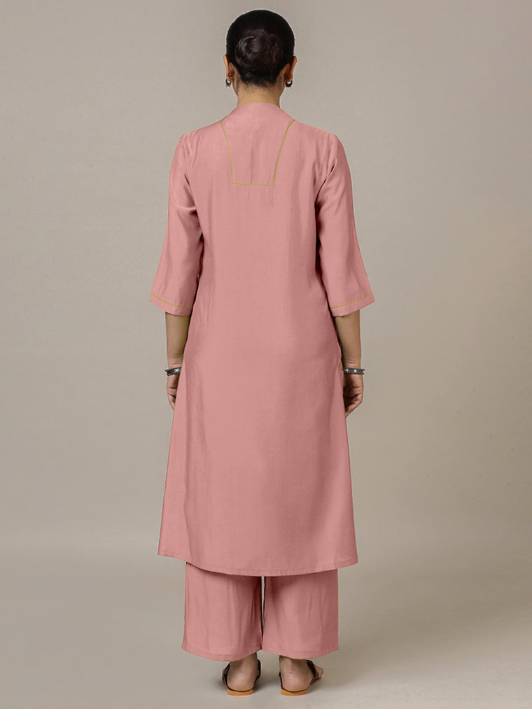 Paakhi x Rozaana Kurta, in Pink Viscose, featuring three quarter sleeves and round neck with splitline (view 2).