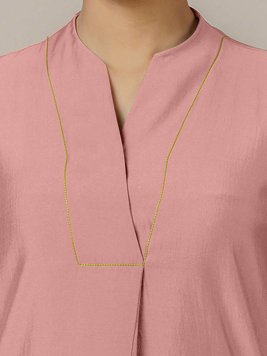 Paakhi x Rozaana Kurta, in Pink Viscose, featuring three quarter sleeves and round neck with splitline (view 3).