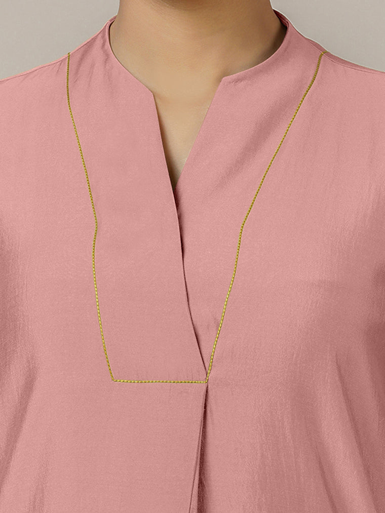 Paakhi x Rozaana Kurta, in Pink Viscose, featuring three quarter sleeves and round neck with splitline (view 3).