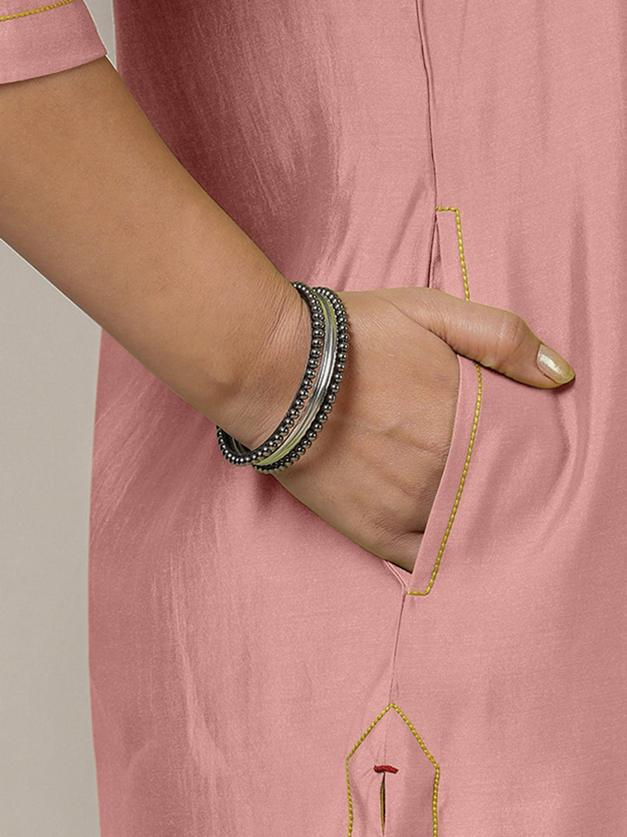 Paakhi x Rozaana Kurta, in Pink Viscose, featuring three quarter sleeves and round neck with splitline (view 5).