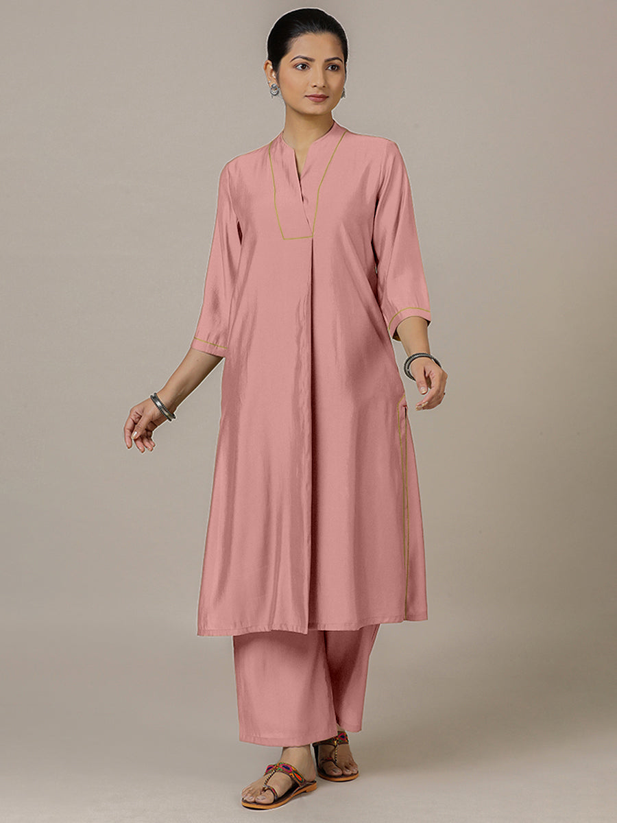 Paakhi x Rozaana Kurta, in Pink Viscose, featuring three quarter sleeves and round neck with splitline (view 6).