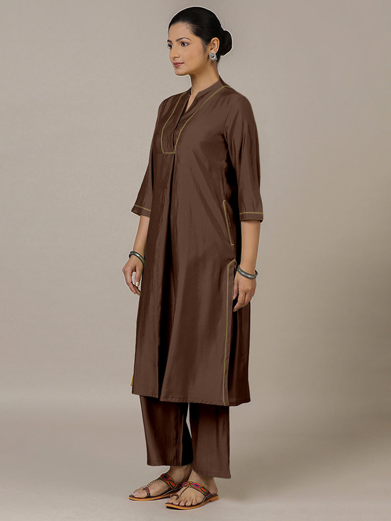 Paakhi x Rozaana | A Line Kurta in Walnut Brown with Thread Work | Coords or Only Kurta-Binks