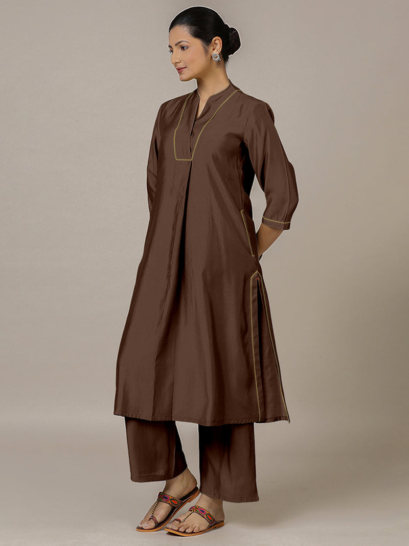 Paakhi x Rozaana | A Line Kurta in Walnut Brown with Thread Work | Coords or Only Kurta-Binks
