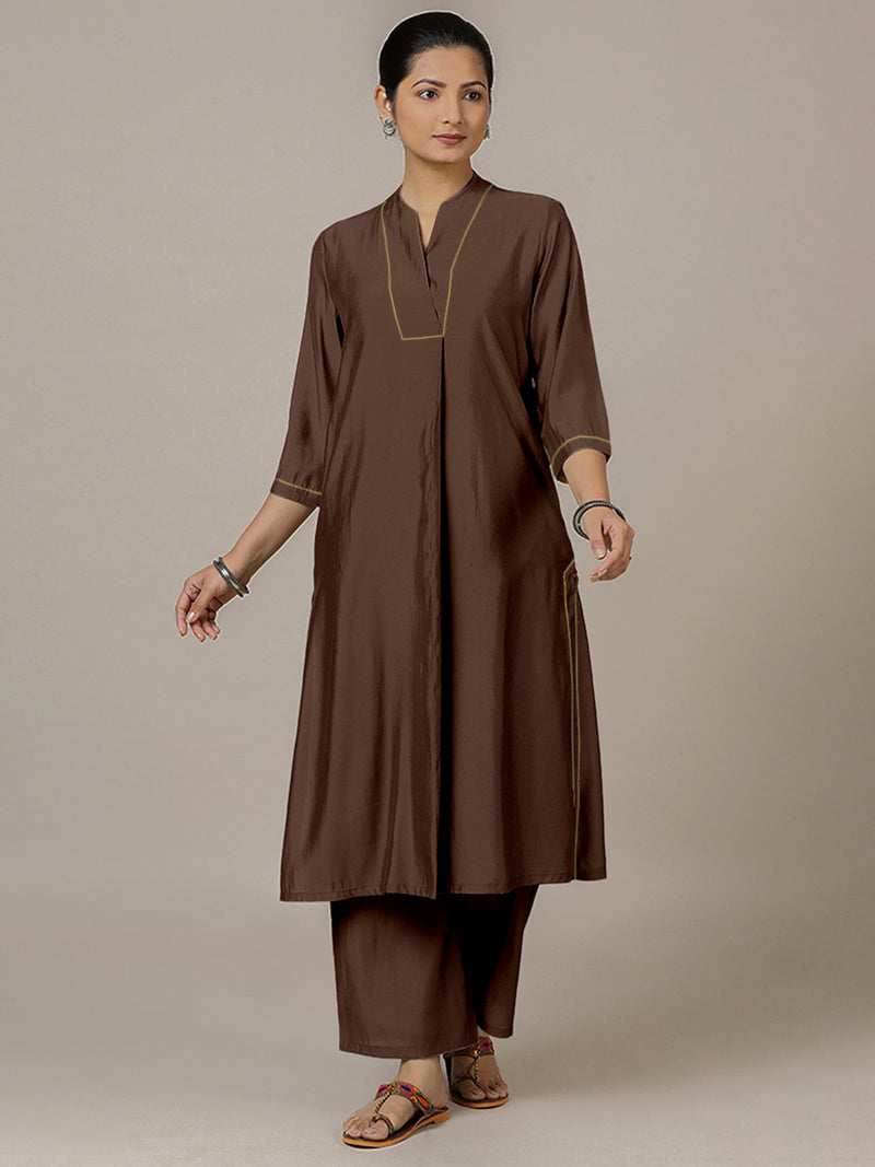 Paakhi x Rozaana | A Line Kurta in Walnut Brown with Thread Work | Coords or Only Kurta-Binks