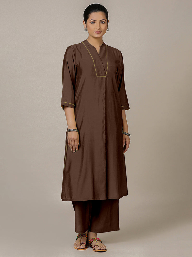 Paakhi x Rozaana | A Line Kurta in Walnut Brown with Thread Work | Coords or Only Kurta-Binks