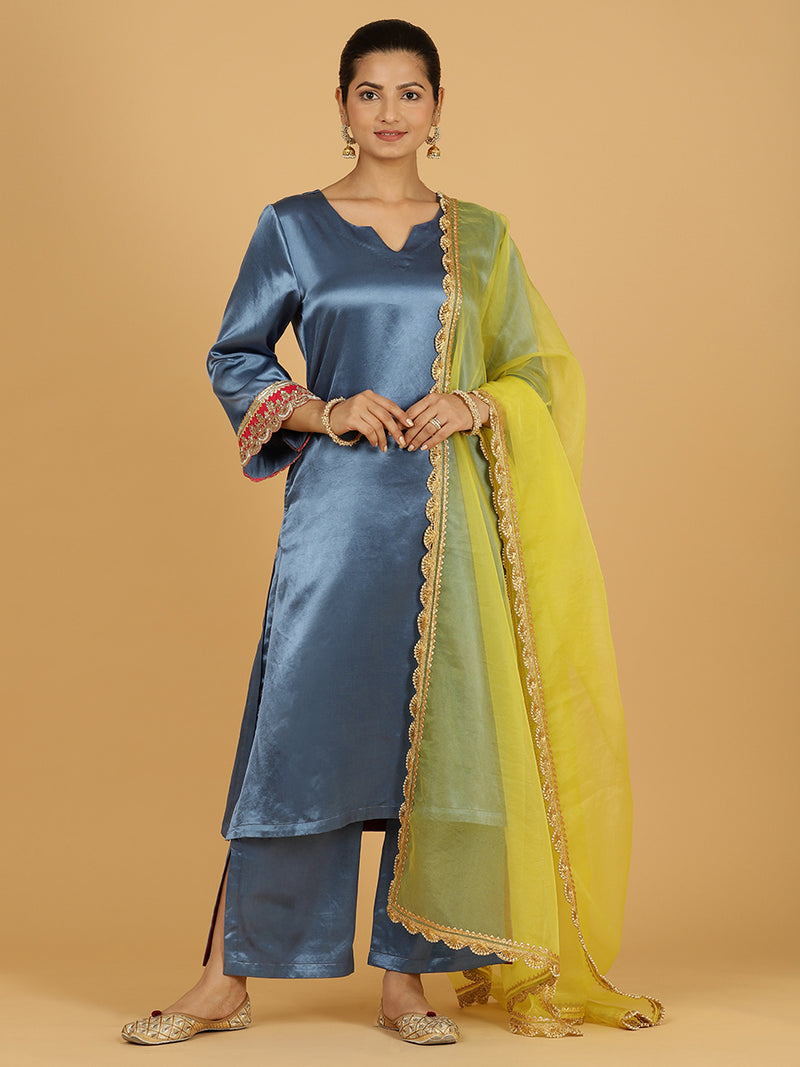 Penaaz x Tyohaar | Ice Blue Mashru Silk A-Line Kurta with Embroidered Sleeves | Coords or Only Kurta-Binks
