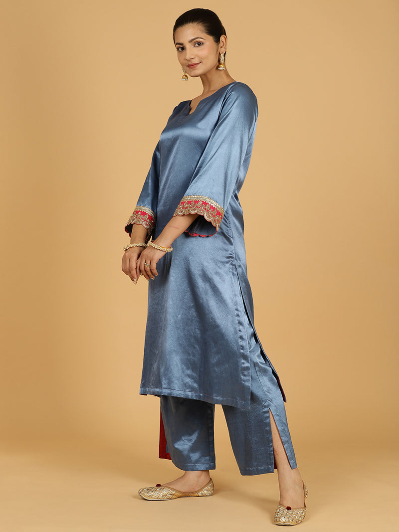 Penaaz x Tyohaar | Ice Blue Mashru Silk A-Line Kurta with Embroidered Sleeves | Coords or Only Kurta-Binks
