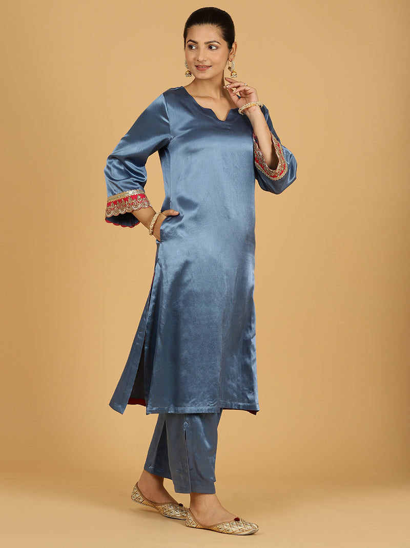 Penaaz x Tyohaar | Ice Blue Mashru Silk A-Line Kurta with Embroidered Sleeves | Coords or Only Kurta-Binks