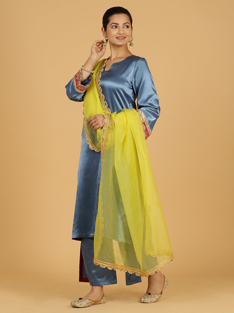 Penaaz x Tyohaar | Ice Blue Mashru Silk A-Line Kurta with Embroidered Sleeves | Coords or Only Kurta-Binks