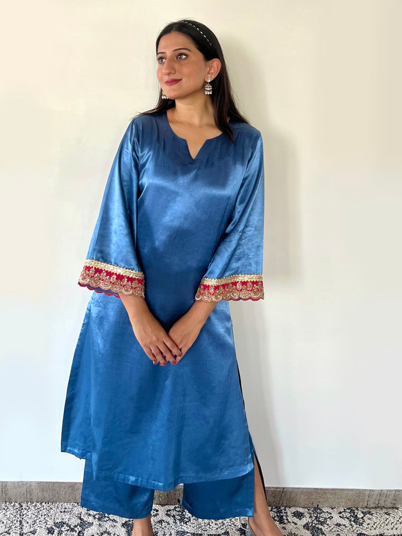 Penaaz x Tyohaar | Ice Blue Mashru Silk A-Line Kurta with Embroidered Sleeves | Coords or Only Kurta-Binks