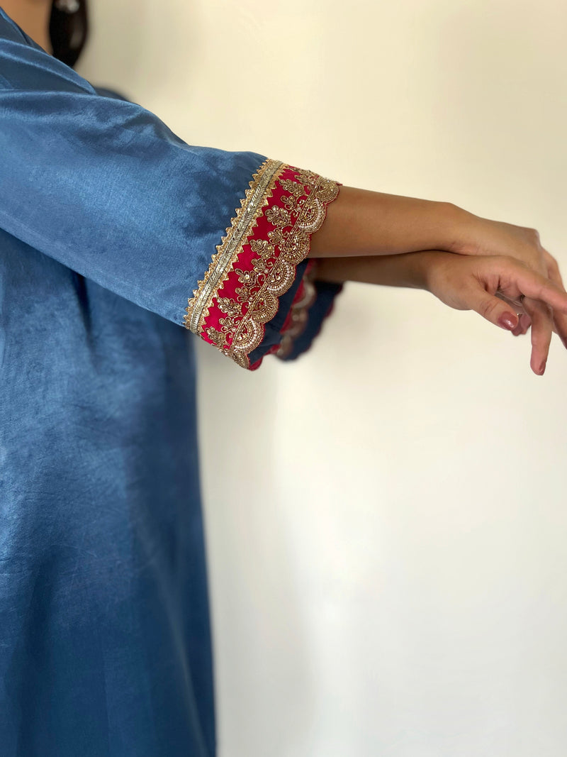 Penaaz x Tyohaar | Ice Blue Mashru Silk A-Line Kurta with Embroidered Sleeves | Coords or Only Kurta-Binks