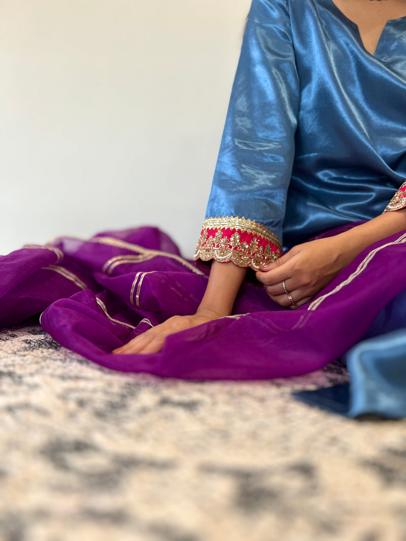 Penaaz x Tyohaar | Ice Blue Mashru Silk A-Line Kurta with Embroidered Sleeves | Coords or Only Kurta-Binks