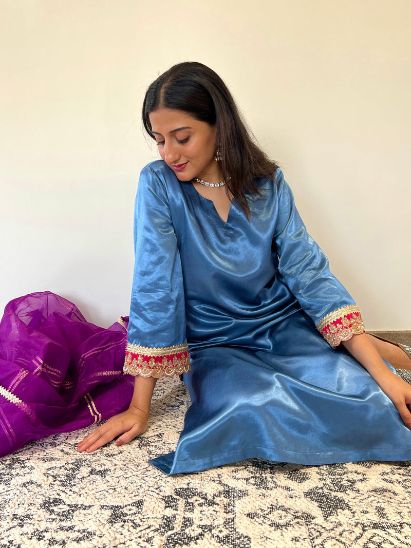 Penaaz x Tyohaar | Ice Blue Mashru Silk A-Line Kurta with Embroidered Sleeves | Coords or Only Kurta-Binks