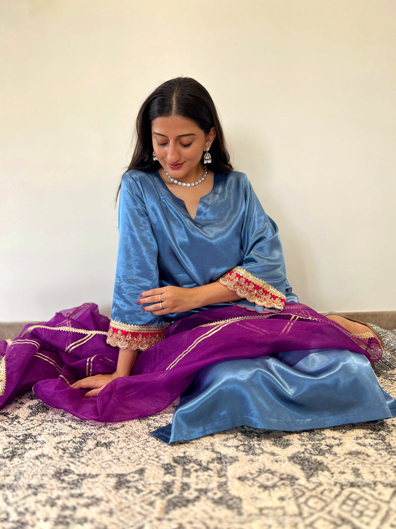 Penaaz x Tyohaar | Ice Blue Mashru Silk A-Line Kurta with Embroidered Sleeves | Coords or Only Kurta-Binks