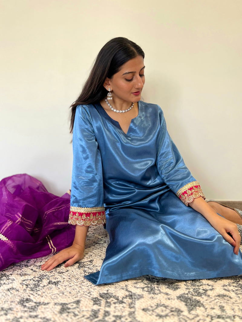 Penaaz x Tyohaar | Ice Blue Mashru Silk A-Line Kurta with Embroidered Sleeves | Coords or Only Kurta-Binks