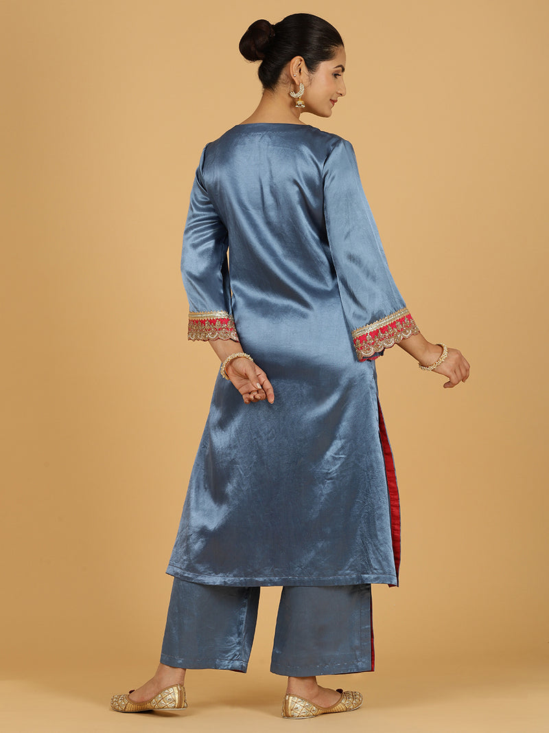 Penaaz x Tyohaar | Ice Blue Mashru Silk A-Line Kurta with Embroidered Sleeves | Coords or Only Kurta-Binks