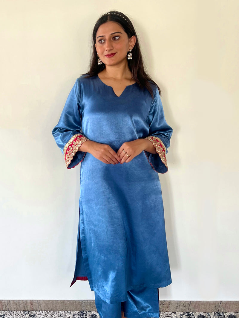 Penaaz x Tyohaar | Ice Blue Mashru Silk A-Line Kurta with Embroidered Sleeves | Coords or Only Kurta-Binks
