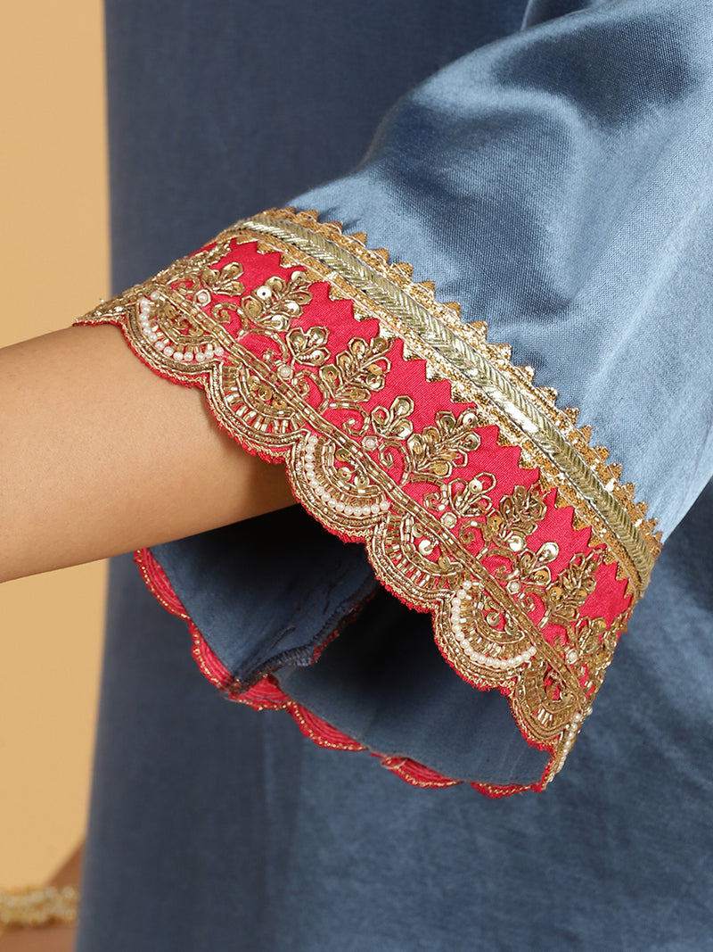 Penaaz x Tyohaar | Ice Blue Mashru Silk A-Line Kurta with Embroidered Sleeves | Coords or Only Kurta-Binks