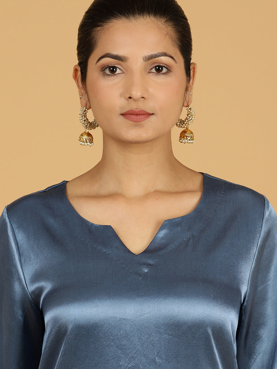 Penaaz x Tyohaar Kurta, in Blue Vegan Silk, featuring three quarter sleeves and round neck with splitline (view 4).